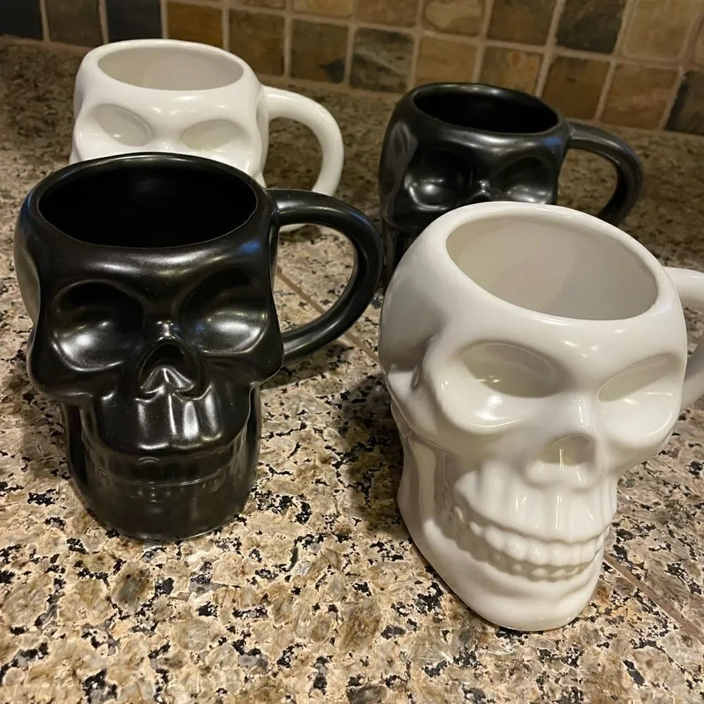 Hyde and EEK Stoneware Skull Mugs  Set of 4 with 3 Shot Glasses